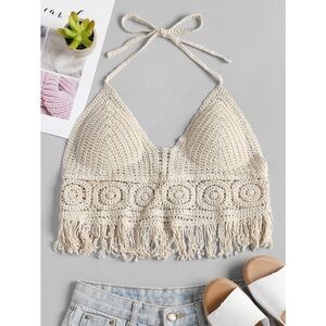 Sans Souci Crochet Fringe Padded Bralette Crop Top Beach Vacation Swim Coverup